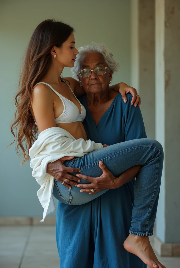 Create a photo of a 20 year old young woman, with a slender and beautiful body, wearing jeans and an open white shirt and is braless, with white and clear skin, with long brown hair and being picked up and carried in the arms of a 90 year old elderly lady, obese woman who has dark black skin and is wearing a blue dress and glasses