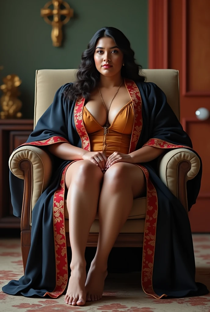 Wearing full body Academic regalia wealthy sri lankan average beautiful girl(large football size breasts and butt) sit in chair