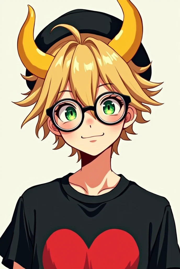 Man's blonde messy hair black round glasses green eyes . anime black shirt with a red heart yellow horns and black cap