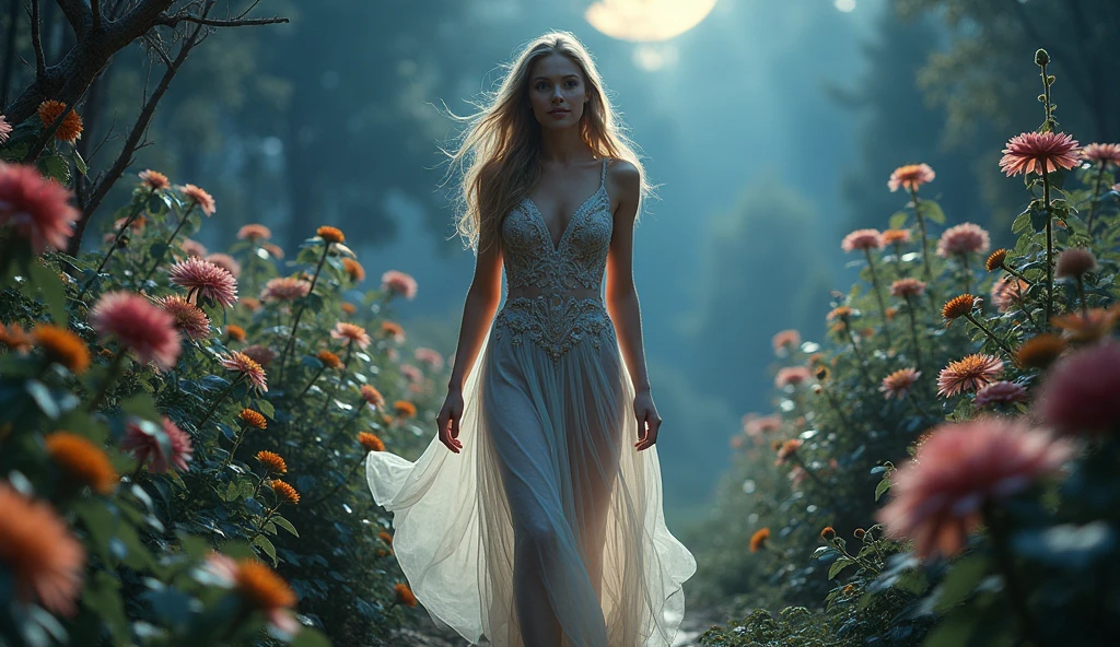 a beautiful woman in a colourful sheer airy dress with intricate embroidery, nude underneath, strolling through a lavish flower garden at night, long wavy hair, glowing skin, ethereal, cinematic lighting, moody colors, magical realism, romantic, high quality, detailed, photorealistic, she is smiling at the camera