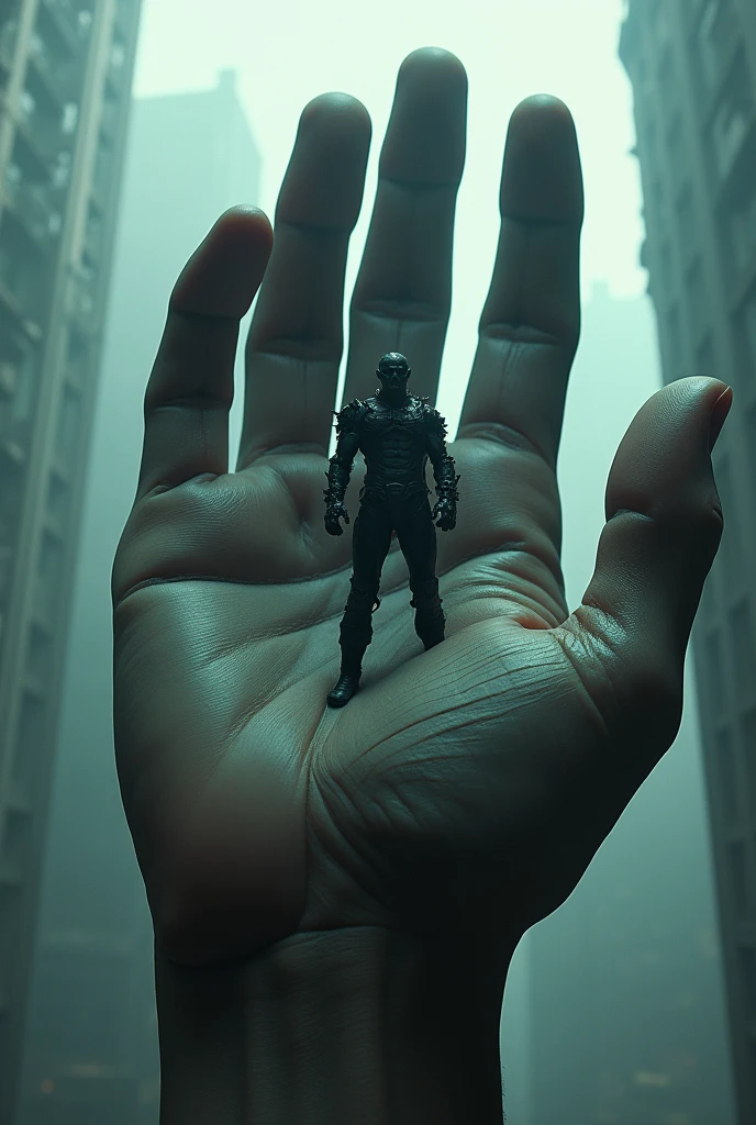 A massive hand frames Chainsaw Man, seen through the space between the thumb and index finger. Capture this scene from a low angle, with the towering buildings blurred in the background, adding a sense of scale and tension.