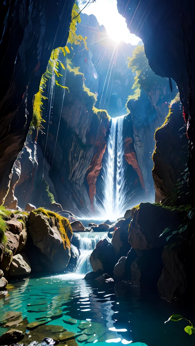  (8k, RAW Photos, 最high quality, masterpiece:1.2), High-quality RAW color photos, Professional photo shoot, Scenery of a small waterfall in a cave, water flowing, Quiet Flow, Amazing illumination, Mysterious cave scenery, dim, Rocks and shining stalactites, Water reflection, Lens flare, high quality, photo shoot.