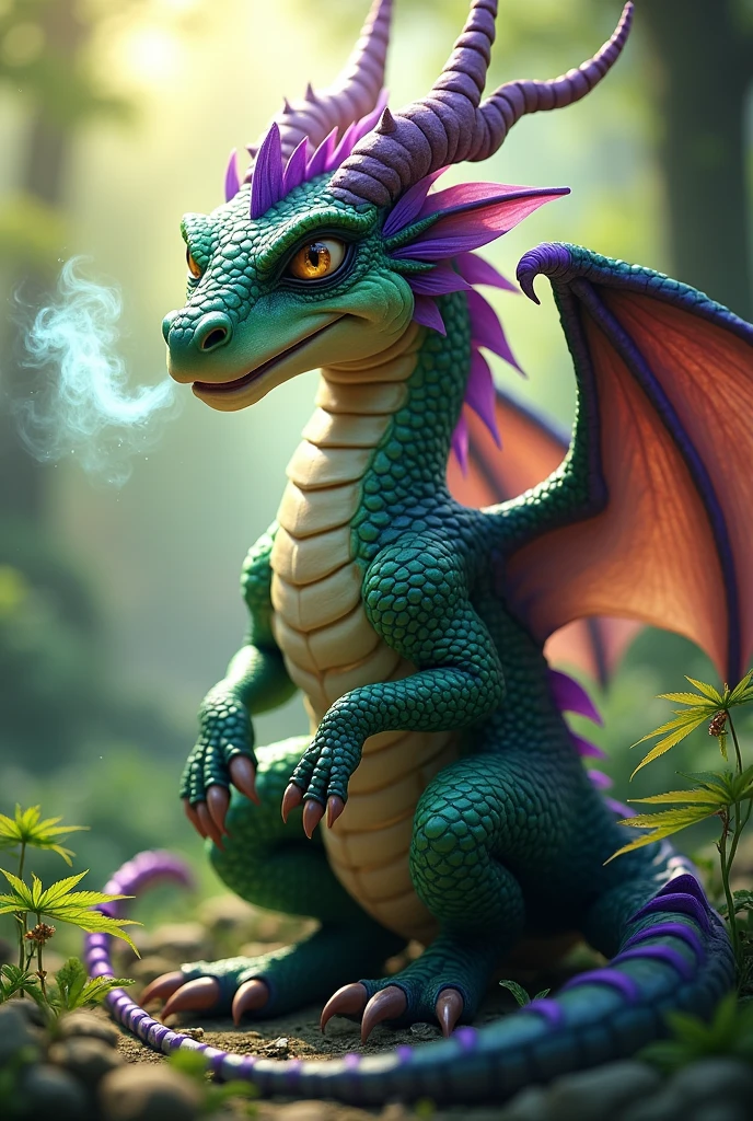 Adult dragon smoking marijuana , tall green with purple
