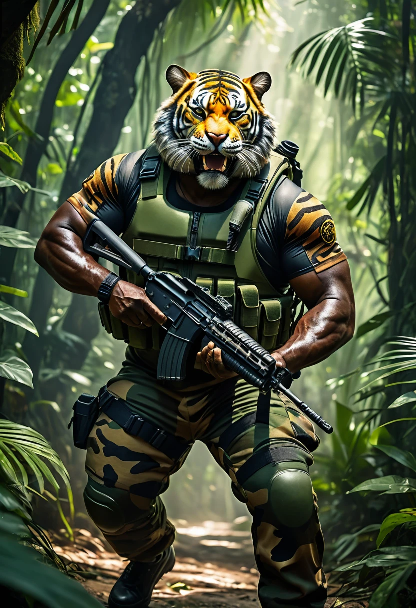 (a dark-skinned fat muscular old man in a bulky army camouflage zipper diver suit) carrying an AK-47, (wearing a small-sized realistic roaring tiger mask), dynamic action pose, fierce expression, roaring, showcasing an imposing stature, surrounded by military elements, dramatic shadows and intense highlights, cinematic color tones, high detail, powerful, art influenced by Bruce Onobrakpeya and Stanley Artgerm, ultra-detailed, best quality image, action-packed atmosphere. patrolling in jungle