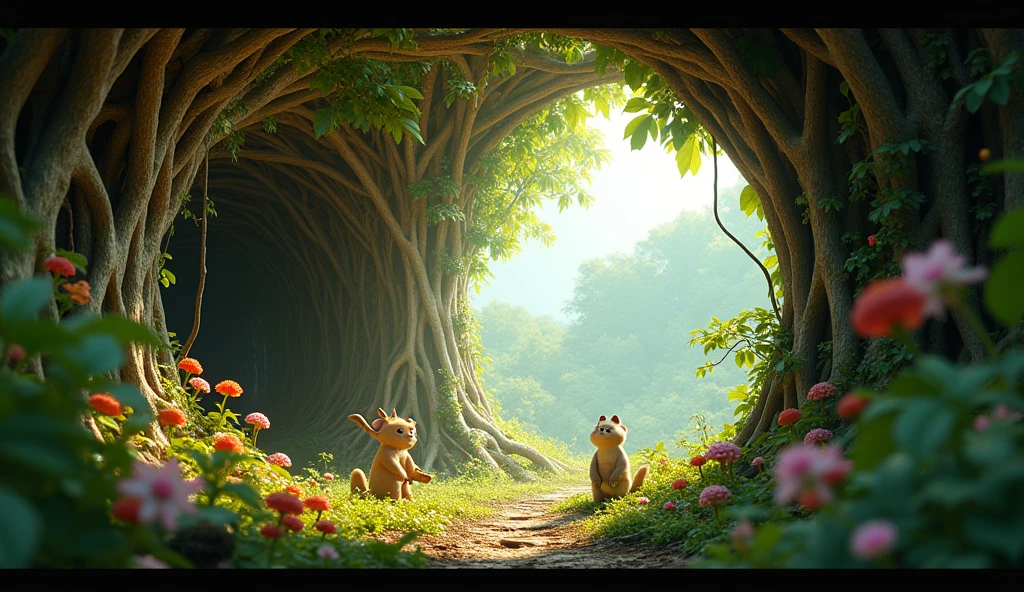 3d pixar animation style illustration of the interior of a hollow big wide and tall amate tree in el salvadoro