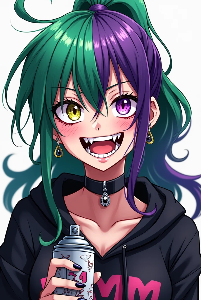 Generates a womman with green hair and eye on the left side and purple hair and eye on the right side in anime style. she wearing a hoodie and her tooth is sharp triangle shape, she is smiling exposing her tooth, punky style, long ponytail, tall, she is insane, and she is holding a graffiti spray with her hand, best quality, wide open eyes, earrings, small purils, she is tall