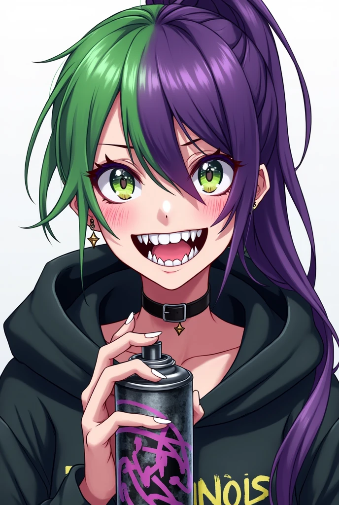Generates a womman with green hair and eye on the left side and purple hair and eye on the right side in anime style. she wearing a hoodie and her tooth is sharp triangle shape, she is smiling exposing her tooth, punky style, long ponytail, tall, she is insane, and she is holding a graffiti spray with her hand, best quality, wide open eyes, earrings, small purils, she is tall
