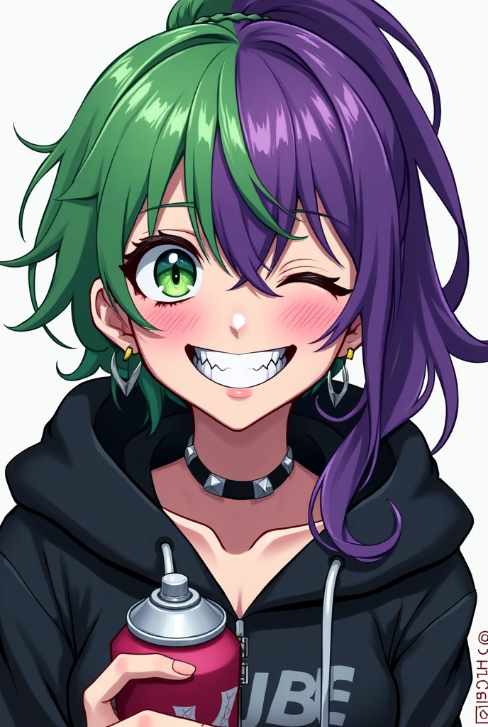 Generates a womman with green hair and eye on the left side and purple hair and eye on the right side in anime style. she wearing a hoodie and her tooth is sharp triangle shape, she is smiling exposing her tooth, punky style, long ponytail, tall, she is insane, and she is holding a graffiti spray with her hand, best quality, wide open eyes, earrings, small purils, she is tall