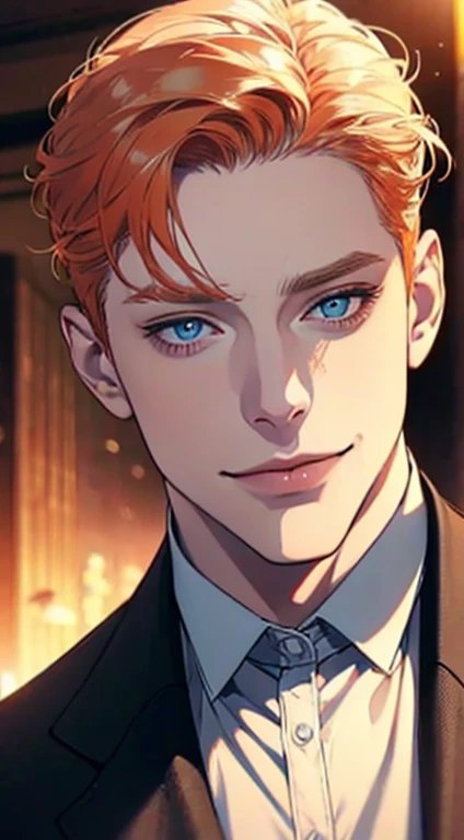 a mature man with short grey orange hair, blue eyes, 31 years, and a perfect face, smiling in love, CEO, cinematic lighting, 1:4 HDR image, top view, ultra detailed, best quality, masterpiece, 8K, photorealistic, beautiful image
