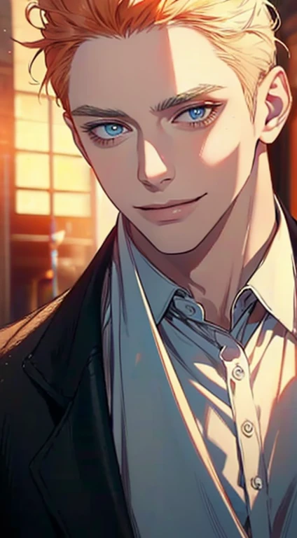 a mature man with short grey orange hair, blue eyes, 31 years, and a perfect face, smiling in love, CEO, cinematic lighting, 1:4 HDR image, top view, ultra detailed, best quality, masterpiece, 8K, photorealistic, beautiful image