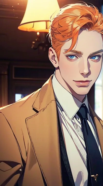 a mature man with short grey orange hair, blue eyes, 31 years, and a perfect face, smiling in love, CEO, cinematic lighting, 1:4 HDR image, top view, ultra detailed, best quality, masterpiece, 8K, photorealistic, beautiful image