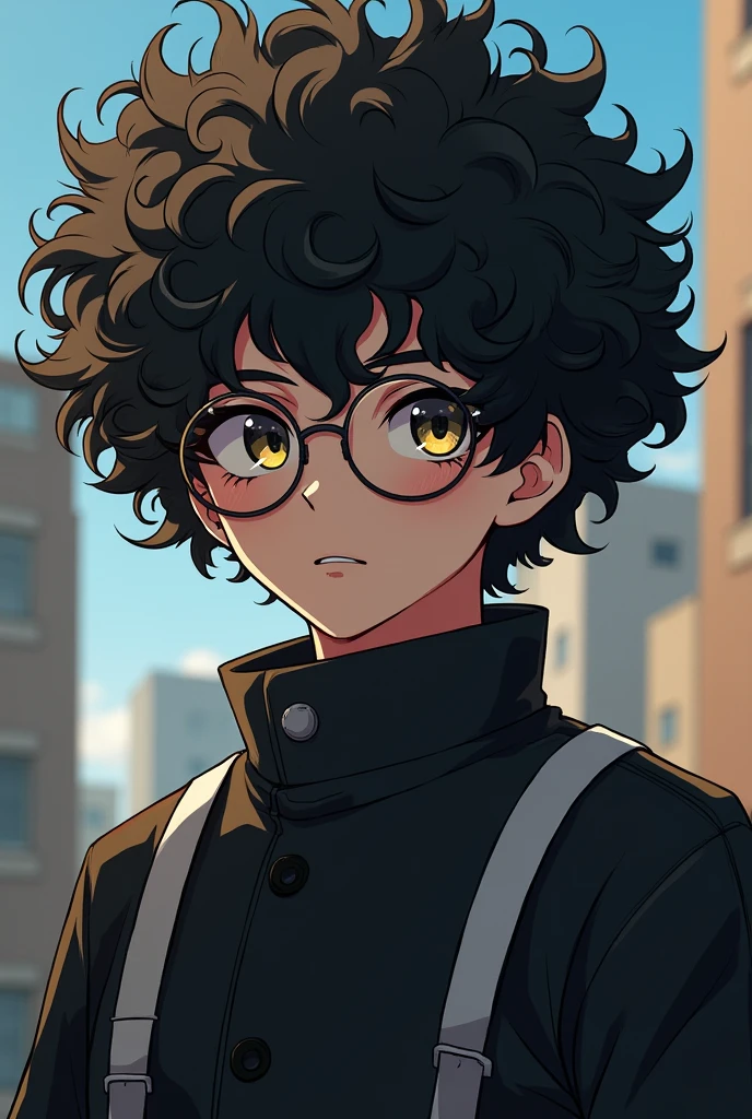 An anime character with big curly hair almost covering his face wearing round glasses and very handsome wearing the full body Tokyo Revenger Brahman Gang uniform