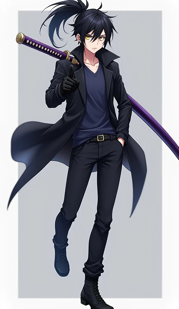 Create an anime style character, male gender with short and long, slightly spiky black hair with the fringe covering the face a little on the left side and with a giant ponytail, yellow  eyes, eyes large, Jaketa Black jacket with dark blue shirt, black gloves, black pants with men&#39;s black boots, with a purple sheathed katana on his back.