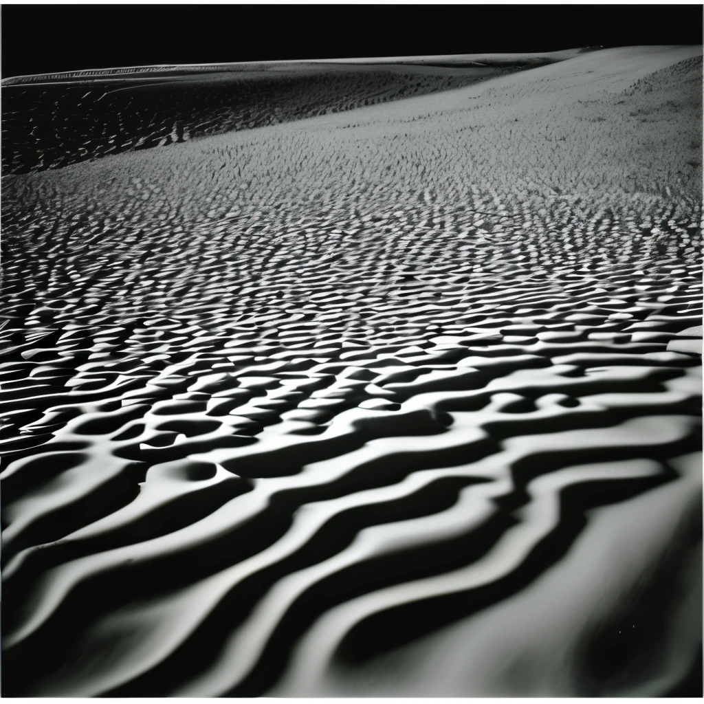 Gilbert Garcin style - Gestalt, Random seed, Dystopia, Dark future, footprints、Kodachrome black and white photography from the 1970s