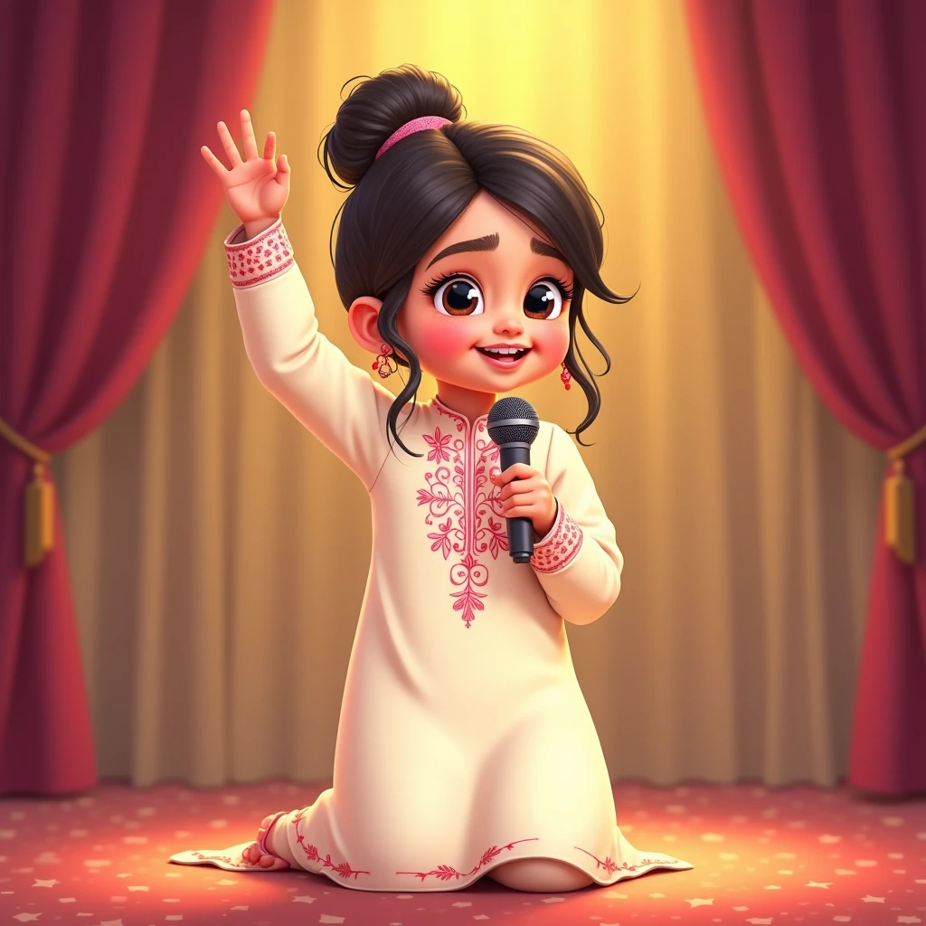 Lily, (highest quality, 4k, masterpiece:1.3), A young Pakistani Muslim girl wearing a traditional cream shalwar kameez with pink floral embroidery. Her hair is styled in a neat bun with loose strands framing her face, as seen in previous images. She kneels on the stage, holding the microphone high with one hand, smiling brightly. The image is in a 2D animation style, with bright colors, cartoonish features, and soft, smooth shading. The background shows soft curtains, warm stage lighting, and a playful, joyful atmosphere. Clear outlines, simple textures, and an illustrated, digital painting look. (Cream shalwar kameez, pink floral embroidery, consistent outfit:1.3), (same hairstyle as before:1.3), (microphone in hand:1.3), (microphone always visible:1.3)