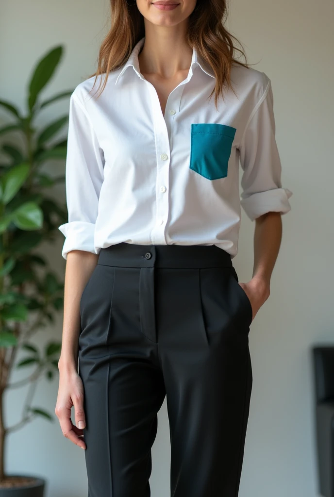 Young teacher with white 3-quarter sleeve shirt with turquoise blue detail on the pocket and black pants , black booties
