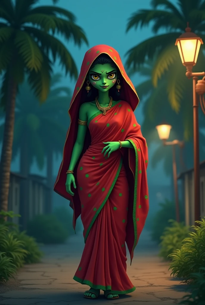 cinematic cartoon style (thumbnail photo realise:1.1),a Indian chudail wearing a saree with closed the head with saree(palu), saree colour red with green point dots, chudail live on the village street, few small tree both sides of street, Cinematically night background, both sides of street two night lamp.The image looking very far long distance.