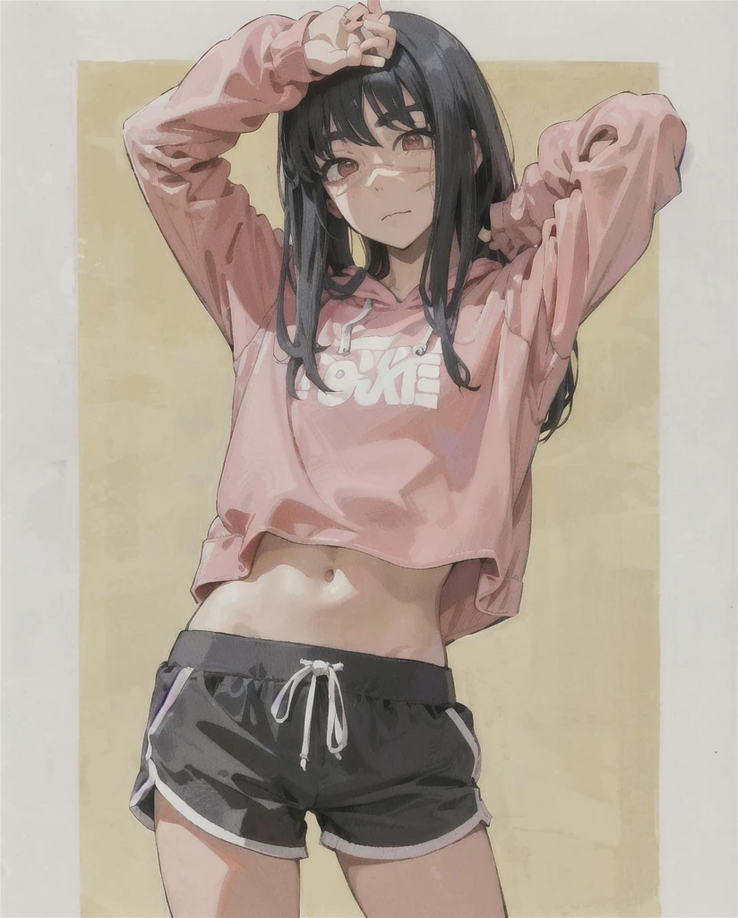 anime girl in pink shirt and black shorts posing for picture, anime moe artstyle, black haired girl wearing hoodie, anime visual of a cute girl, ecchi anime style, anime girl, by Jin Homura, hinata hyuga, in an anime style, in anime style, an anime girl, (anime girl), ecchi style, attractive anime girl, style anime