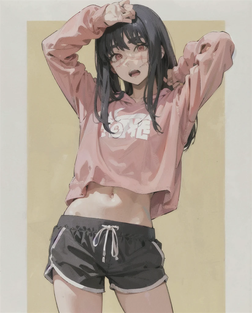 anime girl in pink shirt and black shorts posing for picture, anime moe artstyle, black haired girl wearing hoodie, anime visual of a cute girl, ecchi anime style, anime girl, by Jin Homura, hinata hyuga, in an anime style, in anime style, an anime girl, (anime girl), ecchi style, attractive anime girl, style anime