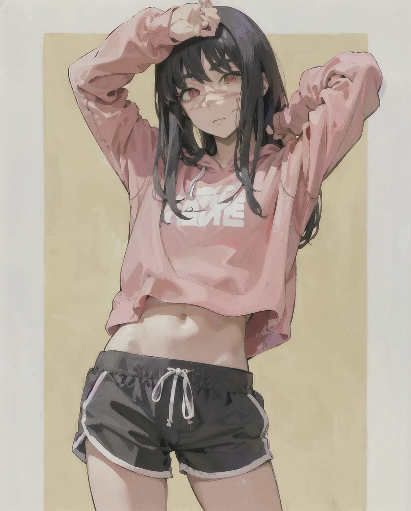 anime girl in pink shirt and black shorts posing for picture, anime moe artstyle, black haired girl wearing hoodie, anime visual of a cute girl, ecchi anime style, anime girl, by Jin Homura, hinata hyuga, in an anime style, in anime style, an anime girl, (anime girl), ecchi style, attractive anime girl, style anime