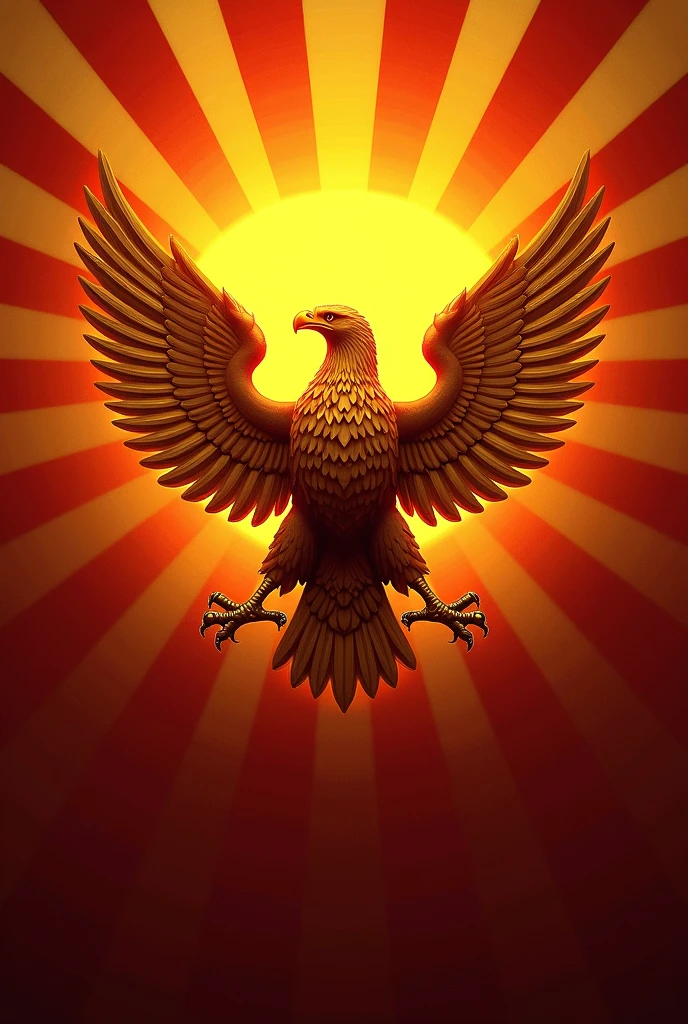 Flag with an eagle drawn in the middle and yellow sun rays coming from behind it