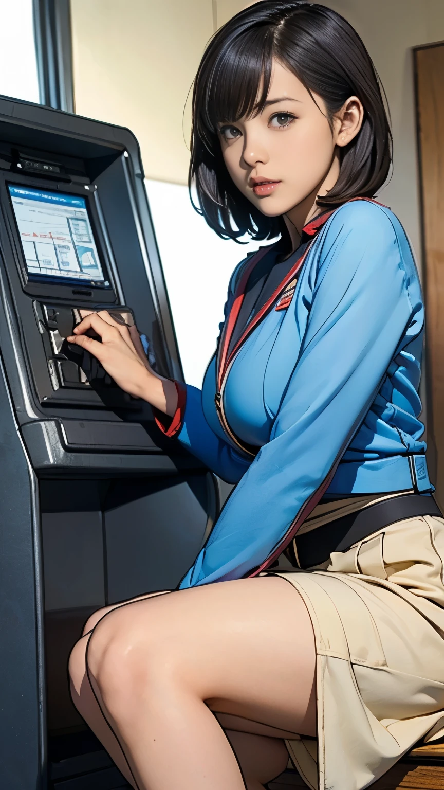 、Earth Federation female soldier、Black short hair、Large Breasts、As cute as an idol、Childish face and appearance、Head mounted operator intercom、Accurately drawn faces、Thin、健康的なKnee lengthスカート風の地球連邦軍、Knee length、Battleship bridge interior、Low angle shot、Anatomically correct、Accurate fingers、Precise rib slices、Photorealistic reality