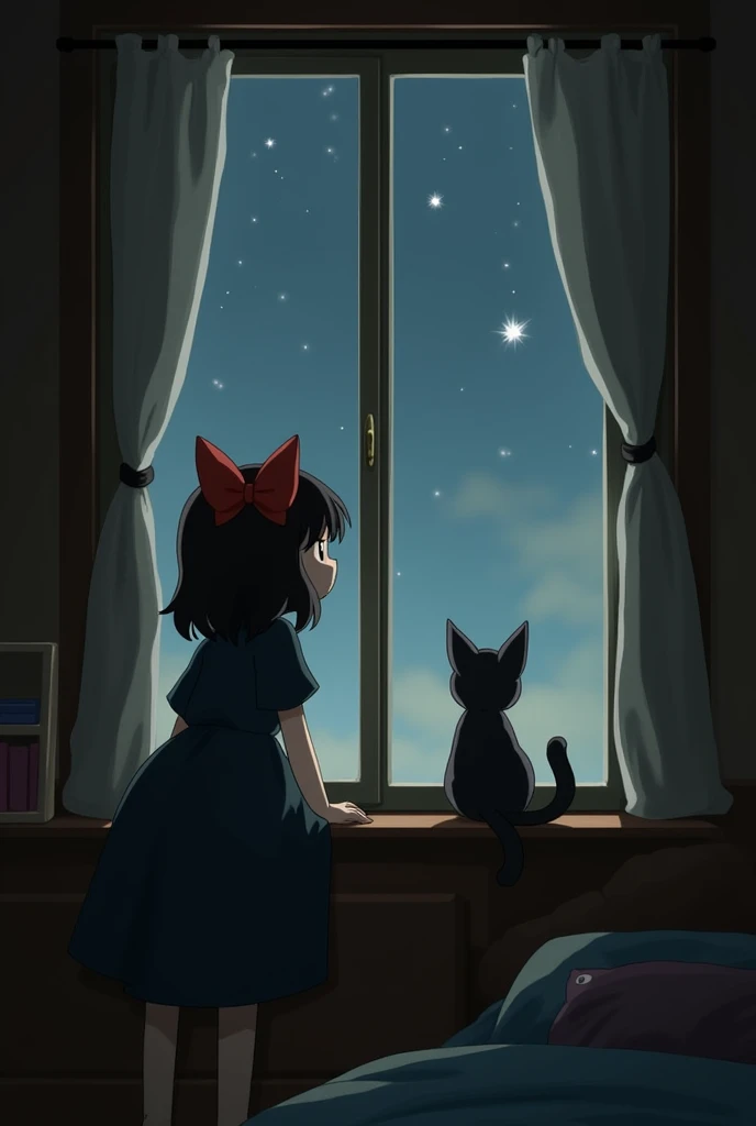 A young girl with a red bow in her hair, wearing a dark dress, leaning on a windowsill with a thoughtful expression. Next to her is a small black cat with large ears. The scene is set in a cozy, dimly lit room, with the window showing a view of the outside. The atmosphere is calm and slightly melancholic, evoking a sense of wonder and contemplation. The art style is reminiscent of traditional Japanese animation, with soft colors and detailed backgrounds.イラストレーション, ジブリ風