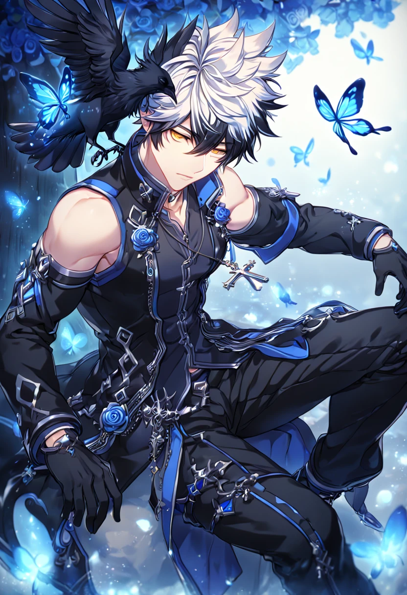 absurdres, highres, ultra detailed, HDR, master piece, best quality, extremely detailed, detailed face, detailed eyes, Raven, spiked hair, bicolor hair, right side black hair, left side white hair, expressive yellow eyes, Elsword, solo, sexy man, handsome, manly man sitting, adult face, black coat, sleeveless, detached sleeves, cross necklace, black gloves, black pants, magical, fantasy, under a blue tree, blue flames, blue moon, blue fireflies, blue roses, blue butterflies, glass magic