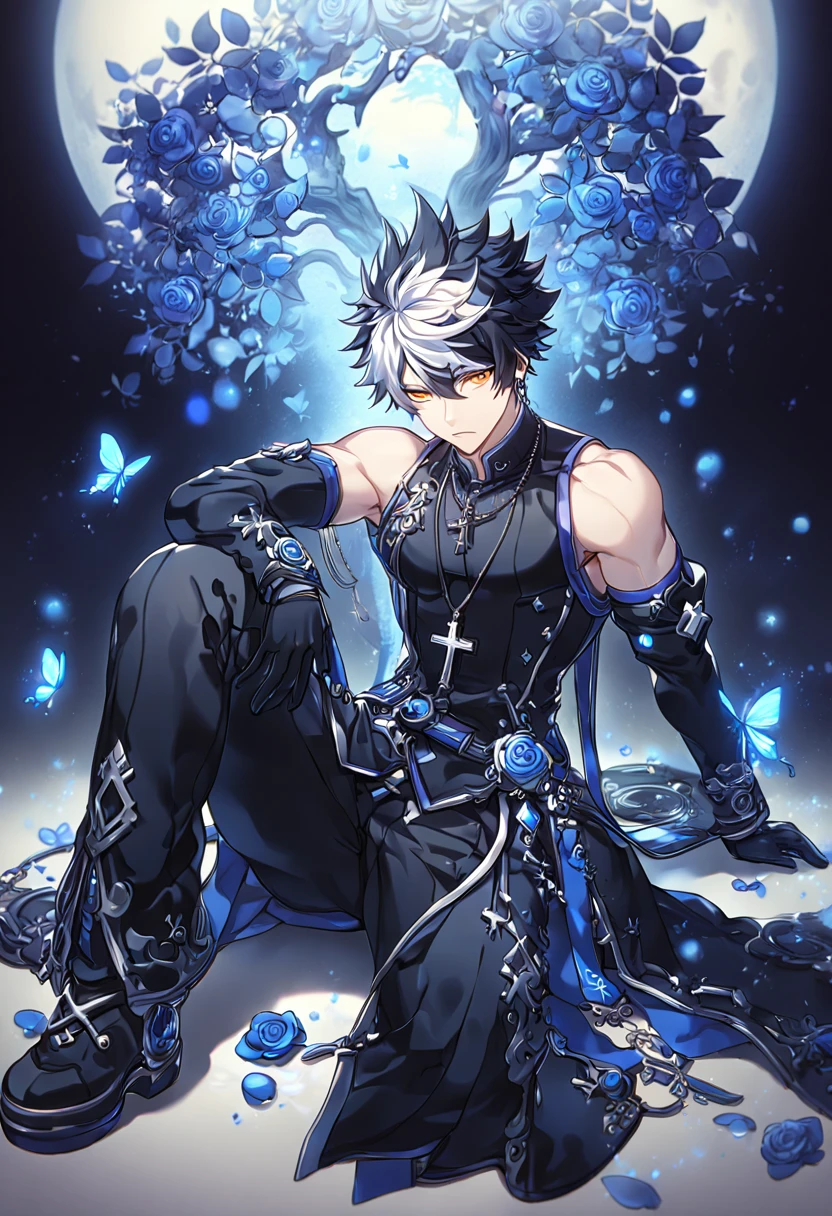 absurdres, highres, ultra detailed, HDR, master piece, best quality, extremely detailed, detailed face, detailed eyes, Raven, spiked hair, bicolor hair, right side black hair, left side white hair, expressive yellow eyes, Elsword, solo, sexy man, handsome, manly man sitting, adult face, black coat, sleeveless, detached sleeves, cross necklace, black gloves, black pants, magical, fantasy, under a blue tree, blue flames, blue moon, blue fireflies, blue roses, blue butterflies, glass magic