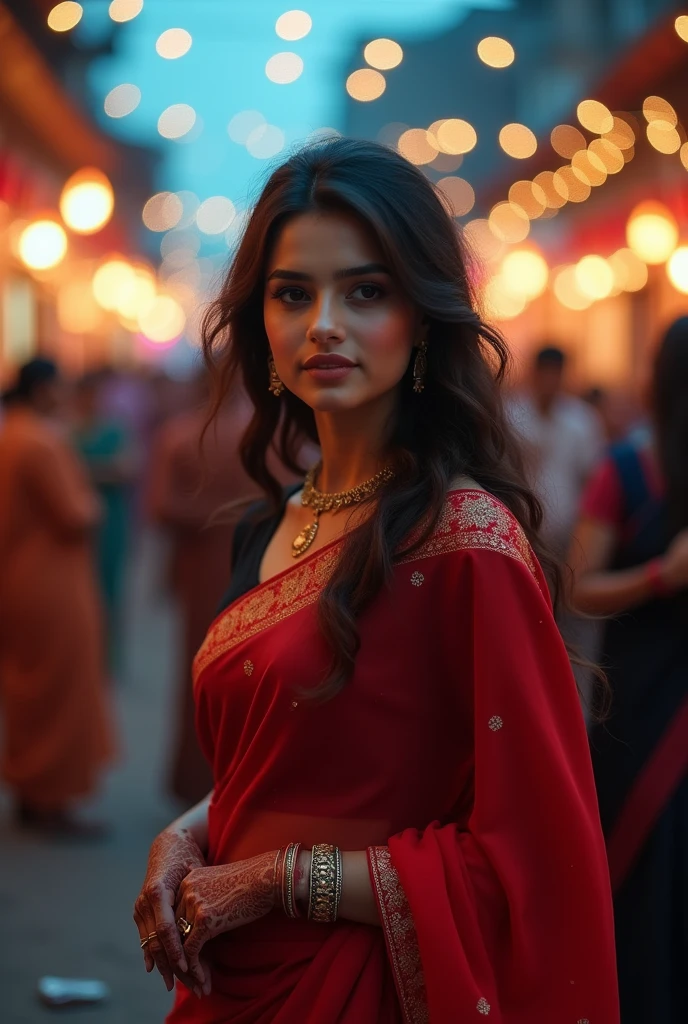 In the bustling streets of a vibrant Indian city, amidst the kaleidoscope of colors and scents, a woman (((Anne Hathaway: Selena Gomez:0.6))) clad in a vibrant red saree and a black blouse becomes an ethereal sight that captivates all who lay eyes upon her. Her undeniable beauty transcends time and space, leaving onlookers spellbound. Describe the scene as the woman, where diwali fireworks are in behind, the street is decorared with lights,candles and earthen lamps, depicting the festival of diwali.The atmosphere is alive with whispers as her mesmerizing allure evokes a sense of awe and admiration. Embark on a journey to reveal the woman’s story—her name, her background, her passions—and the reasons behind her choice of attire. Explore her persona, intertwining elements of mystery and allure, as people speculate on the secrets hiding behind her enchanting gaze. Incorporate the sights, sounds, and emotions that surround this extraordinary woman, as she navigates through the city’s vibrant tapestry. Whether it be the scent of freshly ground spices, the distant sound of temple bells, or the intricate henna designs adorning her hands, immerse the reader in the sensory experience of this captivating moment. As the story unfolds, her path intertwines with that of a curious photographer who becomes determined to capture her undeniable beauty in a single photograph. Describe their encounters, the photographer’s attempts to understand her story, and the profound impact this woman’s presence has on his own life.(Blur Background:1.6), (Blue Hue:0.8), (Auto focus:1.4)