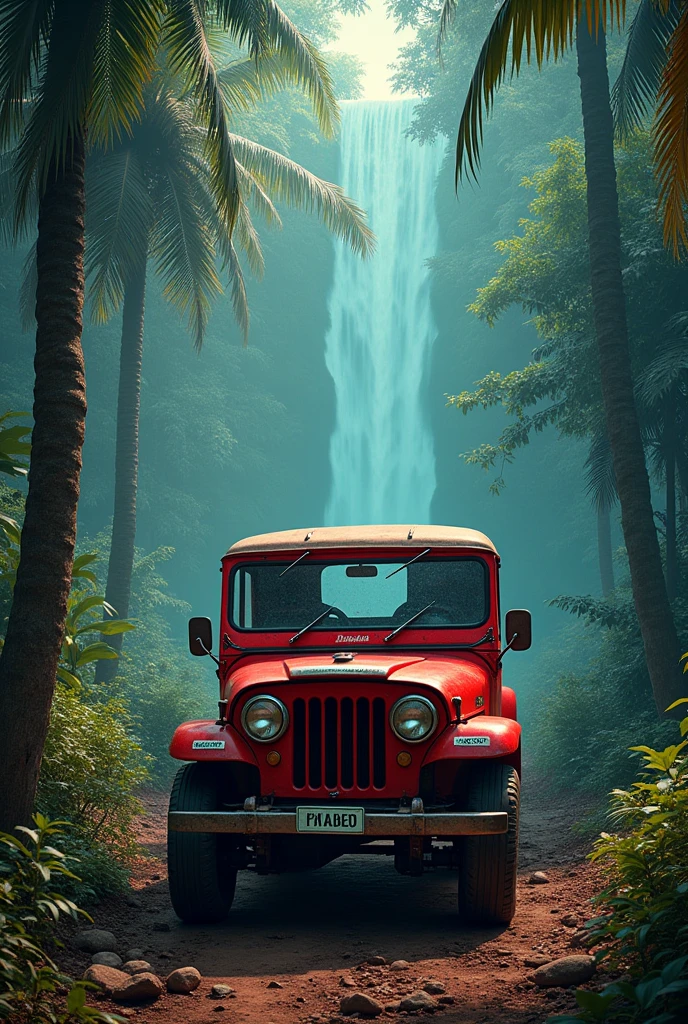 A red car at the middle of the jungle on that car  photo print and beside trees are half blue half red back side of the car waterfall  I want bahubali Prabhas  sticker on the car that car has been old look 