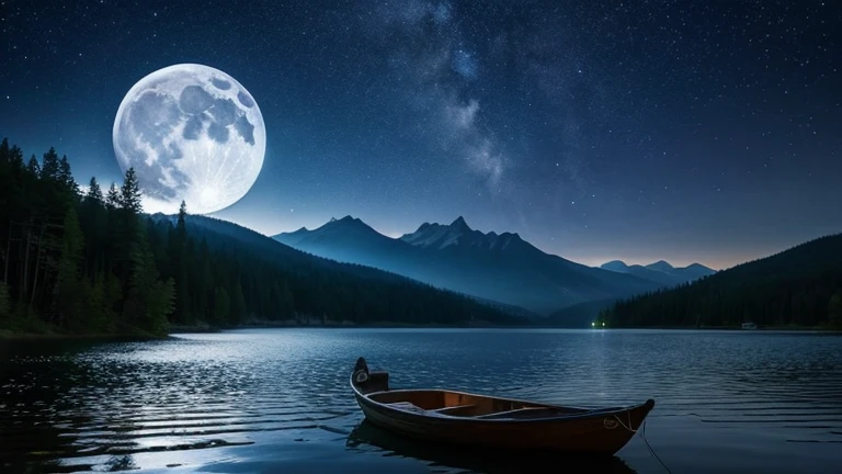 Mystical Night、Mysterious moon floating on the lake、The moonlight shines faintly、Draw a landscape、Dark Sky、midnight、Nobody is here、Mysterious lake