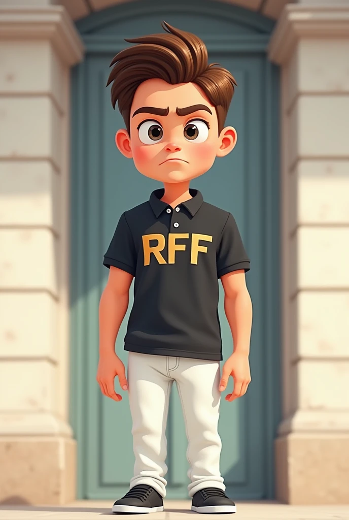 Create a serious cute man cartoon photo with good font RFF in his polo shirt. The shirt is black and the pants is white and shoes is Black. Scenery mode is front walling in the building.