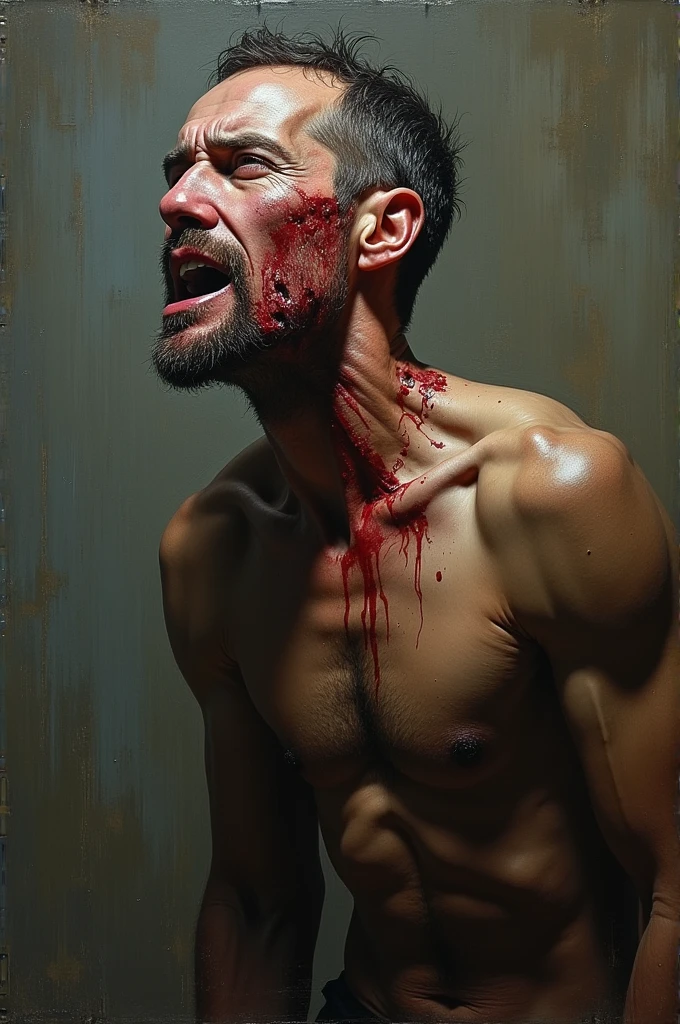 A rough oil paint of a man with a broken neck from a fight
