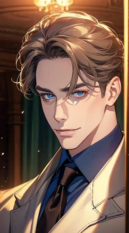 a mature man with short grey Brown hair, blue eyes, 31 years, and a perfect face, smiling in love, CEO, cinematic lighting, 1:4 HDR image, top view, ultra detailed, best quality, masterpiece, 8K, photorealistic, beautiful image