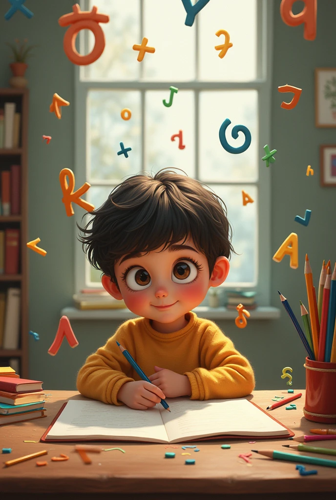 Child surrounded by letters, pens and pencil