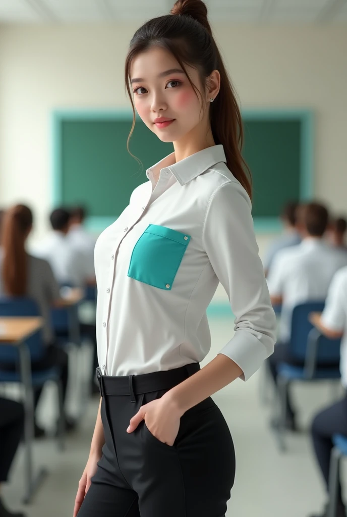 Young teacher with white Columbia-style 3-quarter sleeve shirt with turquoise blue detail on the pocket and black pants , black booties