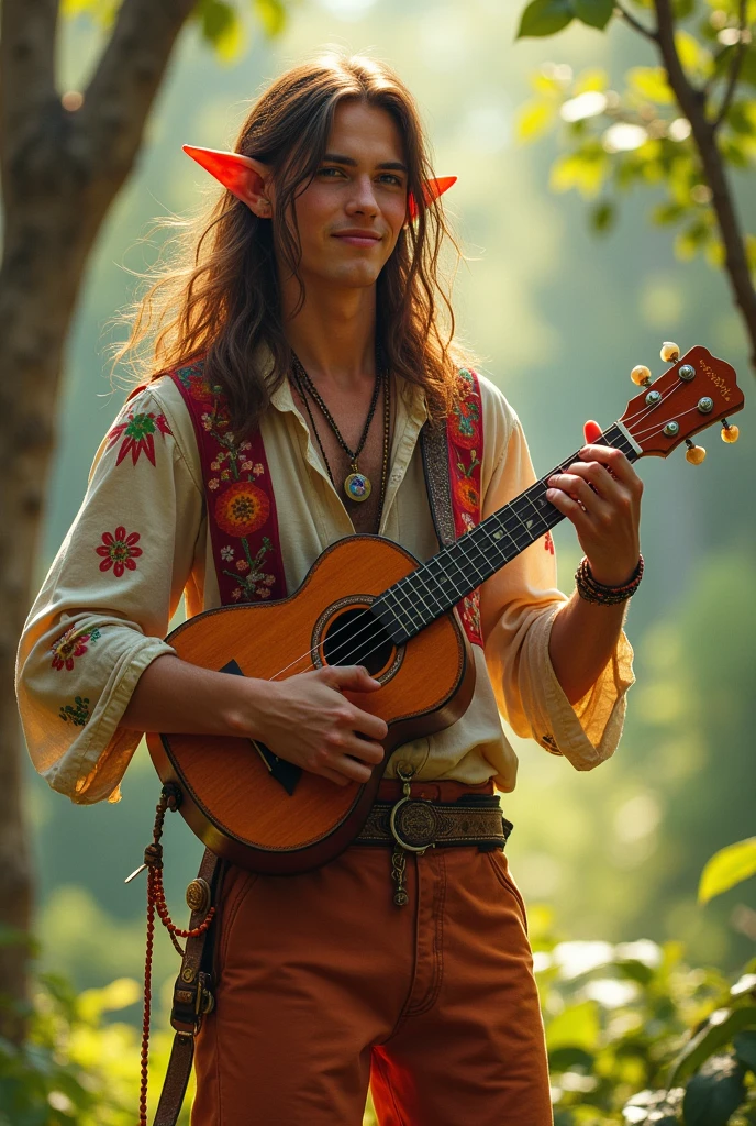Male half-elf bard with ukulele inspired by a 60s hippie