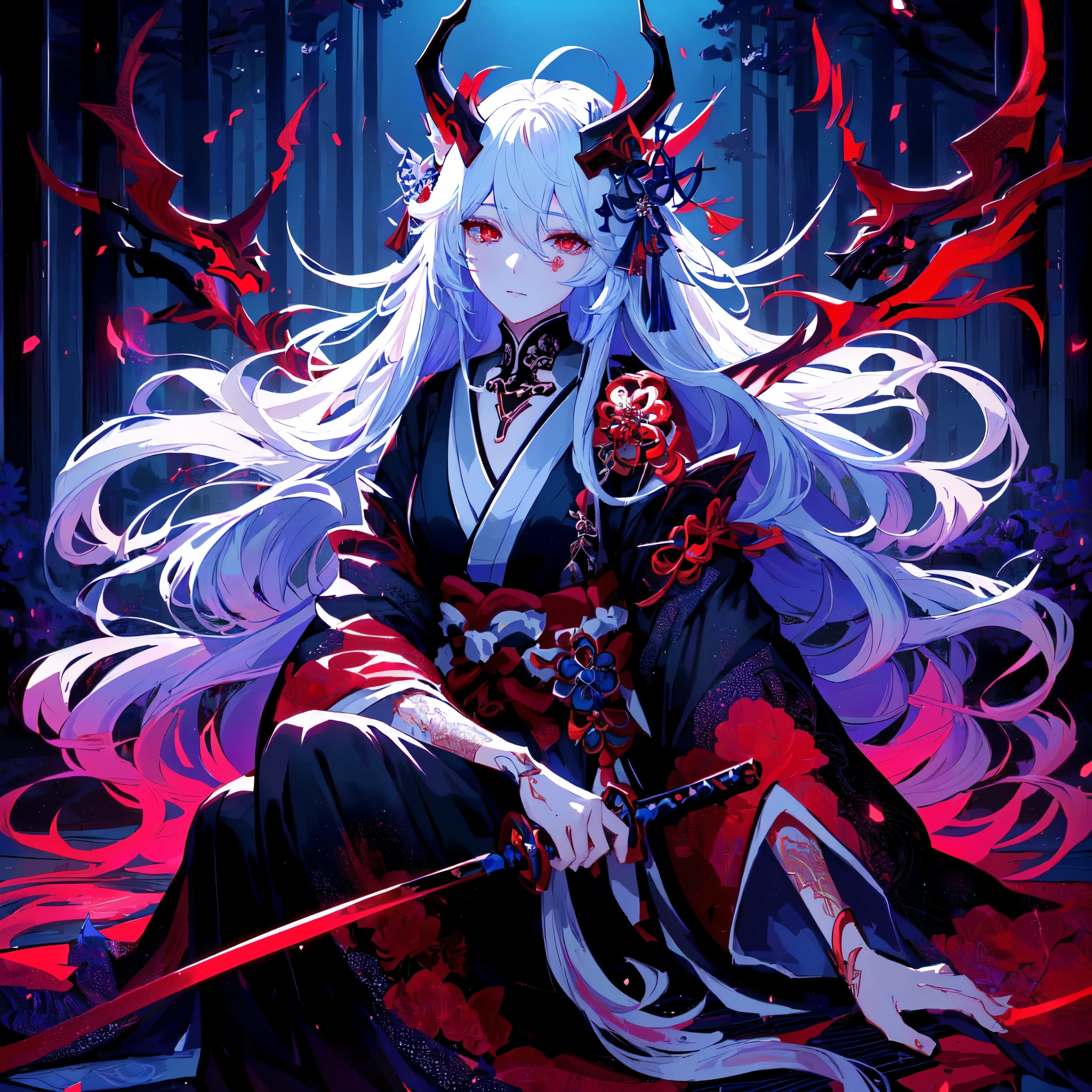 a woman with horns and a demon face sitting on a bench, onmyoji detailed art, beautiful male god of death, white haired deity, onmyoji, onmyoji portrait, demon anime girl, trending on artstation pixiv, beautiful elegant demon queen, rossdraws sakimimichan, handsome japanese demon boy, anime fantasy illustration, :: rossdraws