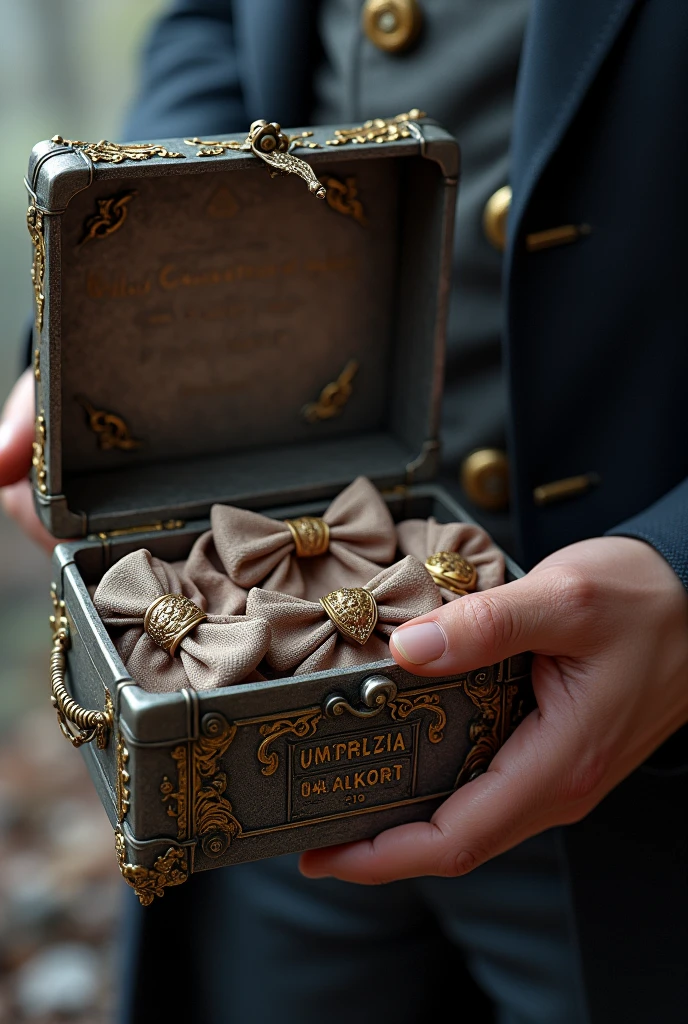 A mysterious metal box with carvings on the outside. An inscription in a strange language on the forehead. open lid. Held by a man's hand. Inside, a collection of typical panty bows, lingerie