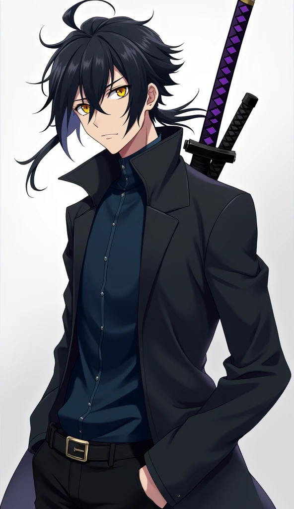 Create an anime style character, male gender with short and long, slightly spiky black hair covering the face a little on the left side and with a giant ponytail, yellow eyes, eyes large, Jaketa Black jacket with dark blue shirt, black gloves, black pants with men's black boots, with a purple sheathed katana on his back.