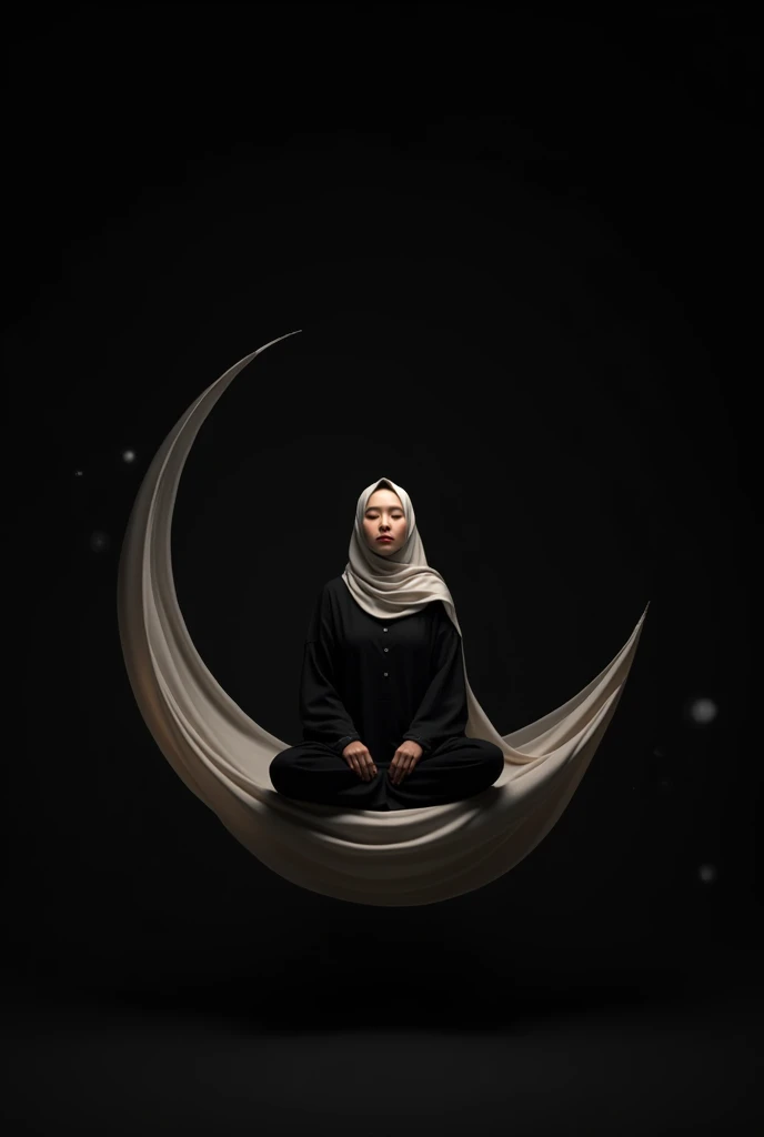 Asian woman with wearing hijab, black pajamas, medium, sitting on a crescent moon veil on a plain black background