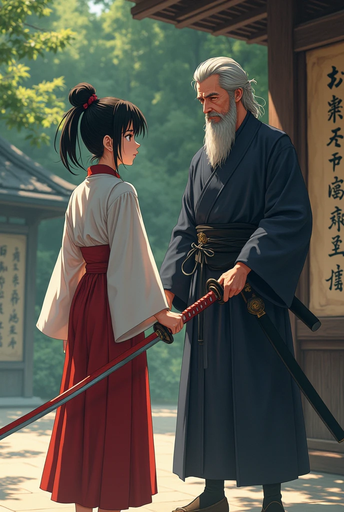 A serious old Japanese girl training with her master and his katana! (Anime version not from the 90s)