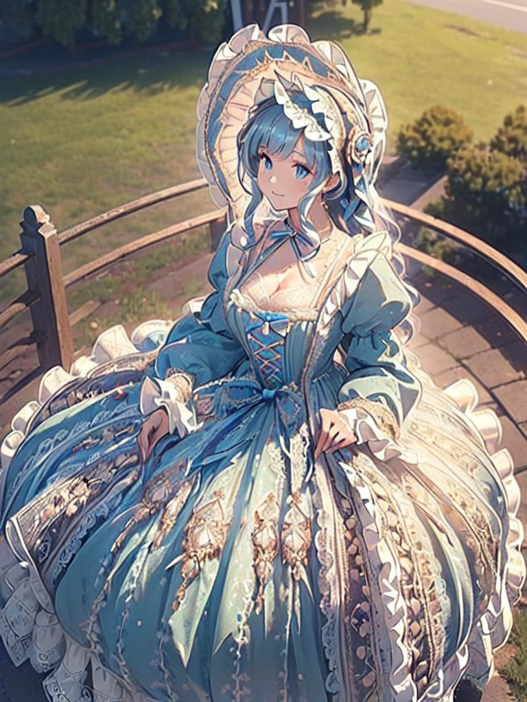 ((Superbly detailed drawing, ultra detailed, exquisite quality, absolutely resolution)), (((young face solo princess))), (((Unsurpassed gorgeous rococo victorian gown with voluminous huge hoopskirt and long hems, princess style skirt:1.5))), ((transparency gown, fluffy and full of pleats skirt:1.3)), (Super detailed and intricate exquisite design gown:1.5), ((overwhelming amount many ruffles with ribbons with intricate lace with Super detailed and intricate embroidery:2)), ((huge breasts, breasts cleavage)), (ponytail, fluffy long Expressive, hair pink hair), super voluminous long hair, hair ornament tiara, happy smile, ((cowboy shot, looking up, looking at viewer, from above, leaning forward, from front, curtsey:2)), (blurry background, depth of field:1.35), super detailed skin, super delicate and beautiful face, (eyes blue eyes), (backlighting, particle effect, caustics), (((sharp focus))), (anime moe art style:1.3),