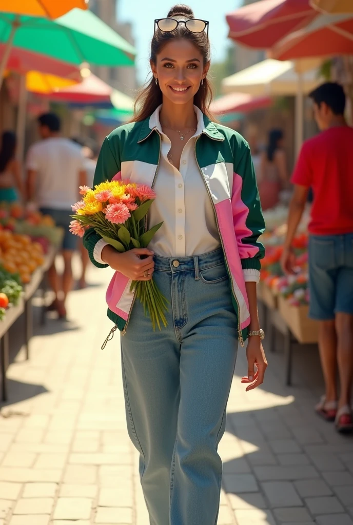 Full body beautiful white skin latin womSeaArt Bot
Txt2Img
Studio
Full body beautiful white skin latin woman, 5'7" tall, ponytail medium brown hair, deep green eyes, wearing coloured white, dark green and pink zipped up windbreaker shell down nylon jacket, rolled up sleeves, zipping up jacket, white formal button down blouse up collar over jacket, cleavage, belted high waisted wide legs denim pants, happy smile, walking on free market outside, high hill sandals, summer sunny day, bag, sun glasses over head, watch and bracelet, neck chain, crossing legs, bouquet of flowers on hands