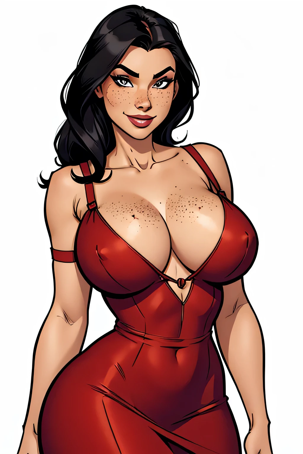 Thin woman, age 25, 4K (High definition), mysterious smile, seducing gaze, eyes browns, wearing a red dress ((with plunging neckline and straps)), arms positioned at the side of the body, Caucasian skin, black hair long ((at shoulder height)), upperbody, curvy with freckles on her chest and neck, big round breasts. High-quality Marvel style, white background.