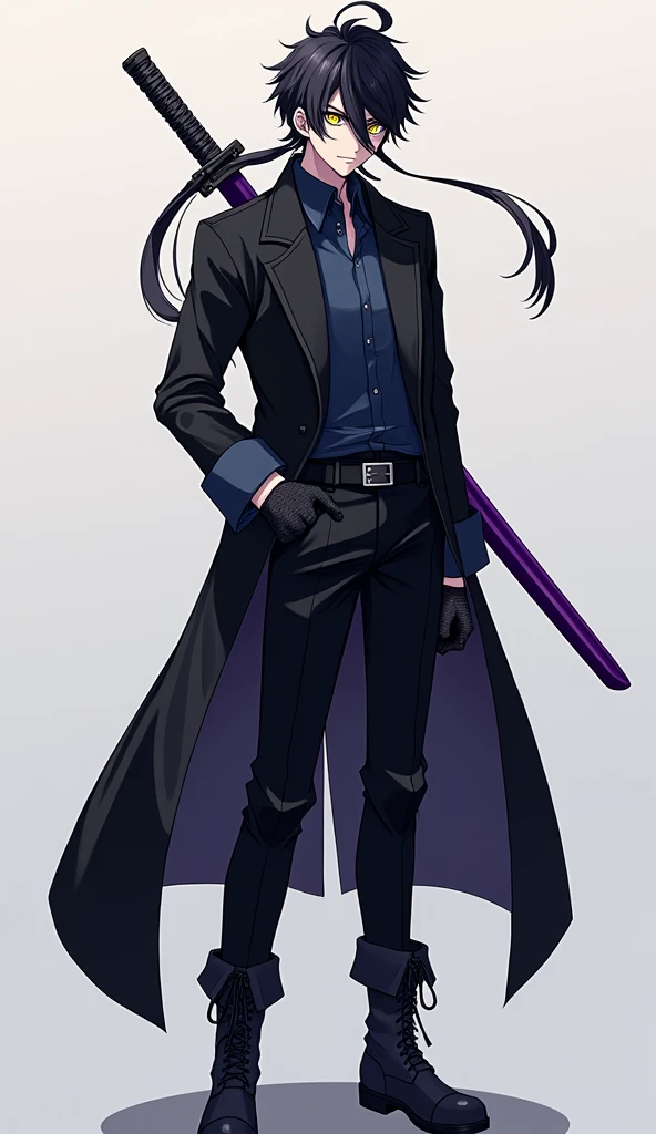 Create an anime style character, male gender with short and long, slightly spiky black hair covering the face a little on the left side and with a giant ponytail, yellow eyes, eyes large, Jaketa Black jacket with dark blue shirt, black gloves, black pants with men's black boots, with a purple sheathed katana on his back.