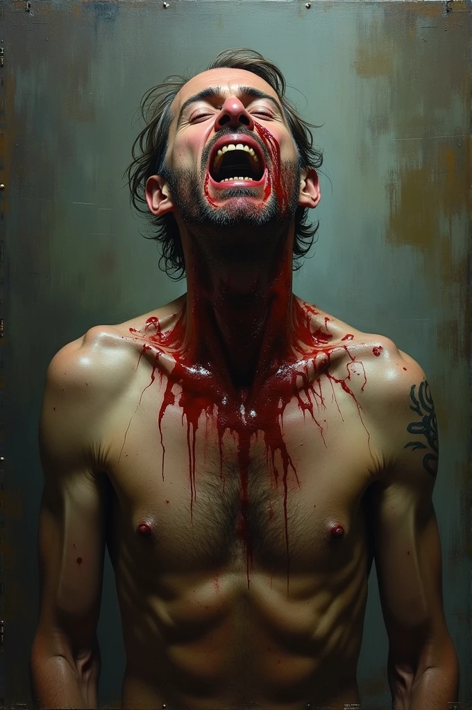 A rough oil paint of a man with a broken neck from a fight