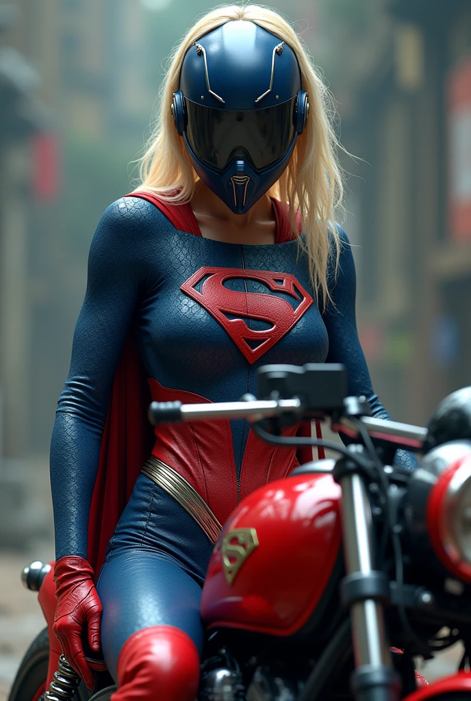 (((Extreme close-up of a beautiful blonde woman under the cloak of the Kryptonian Kara Zor-El aka Supergirl wearing a navy blue leather jumpsuit with scales covering her neck,torso and forearms red corset in armor blue helmet with Superman emblem on its forehead long red boots up to its knees riding a large red futuristic high-displacement motorcycle Superman logos on the motorcycle)))