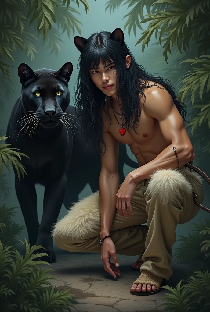 A very handsome young man with long black hair down to the floor and bangs to the side. He is a handsome man with masculine features.. He has very tanned skin.. He is shirtless. He has a red heart pendant on his chest.. He has panther ears on his head.. He is wearing beige fur pants and shoes in the shape of cloven hooves.. He squats in the dark ferns and shoots a bow.. Next to him is a kind black panther.
